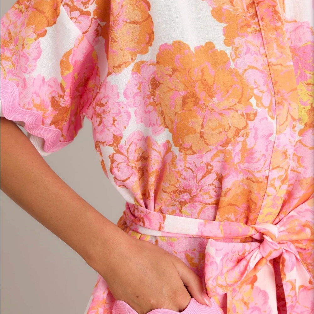 Floral pink & tangerine button dress with wave trim women’s NWT - Picture 6 of 6